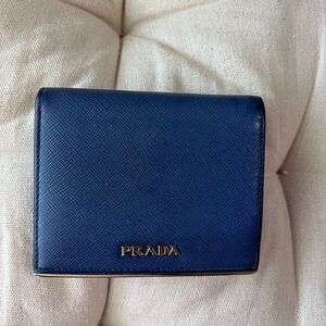Prada Navy Blue Saffiano Leather Card Wallet with Gold Hardware
